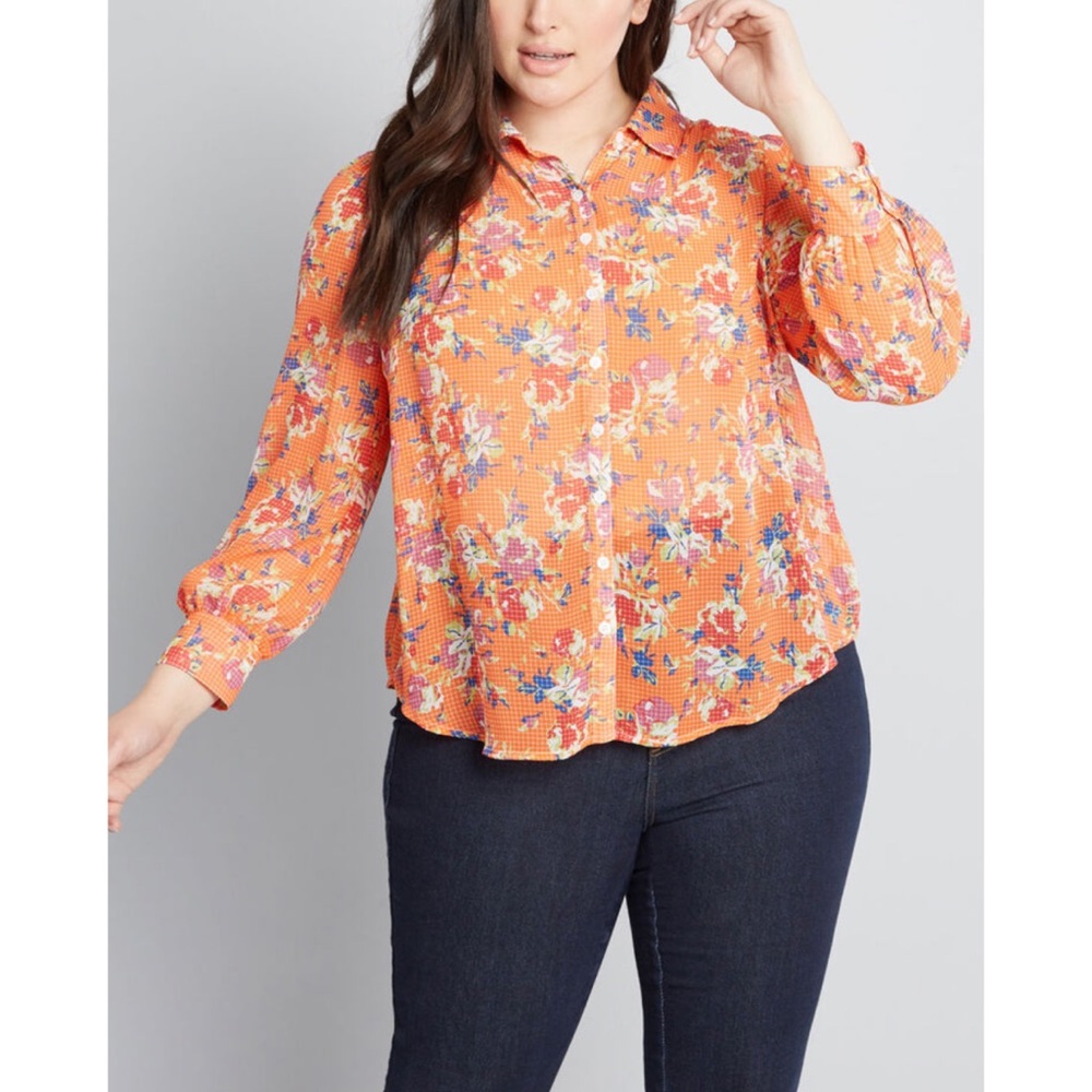 Modcloth Orange Floral Button-Up Blouse